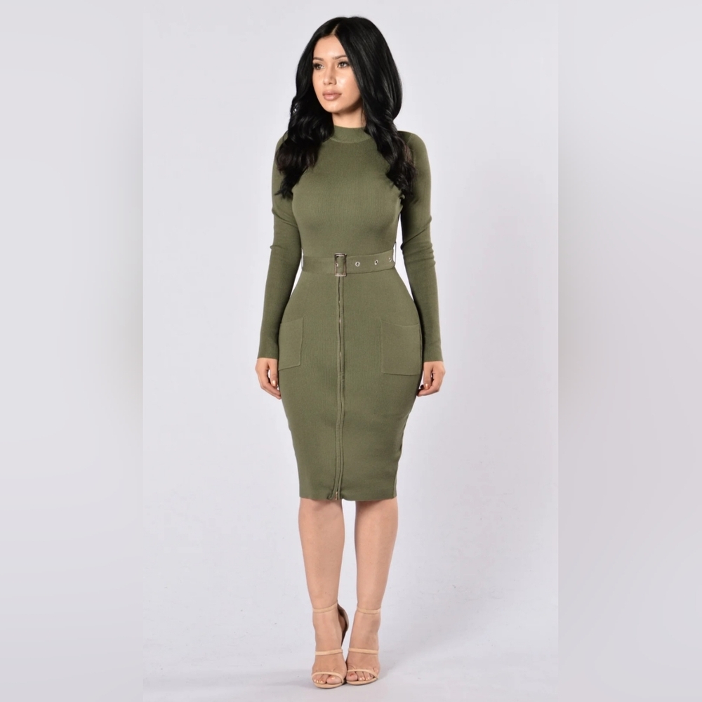 Fashion Nova Olive Long Sleeve Knit Dress - Picture 1 of 8